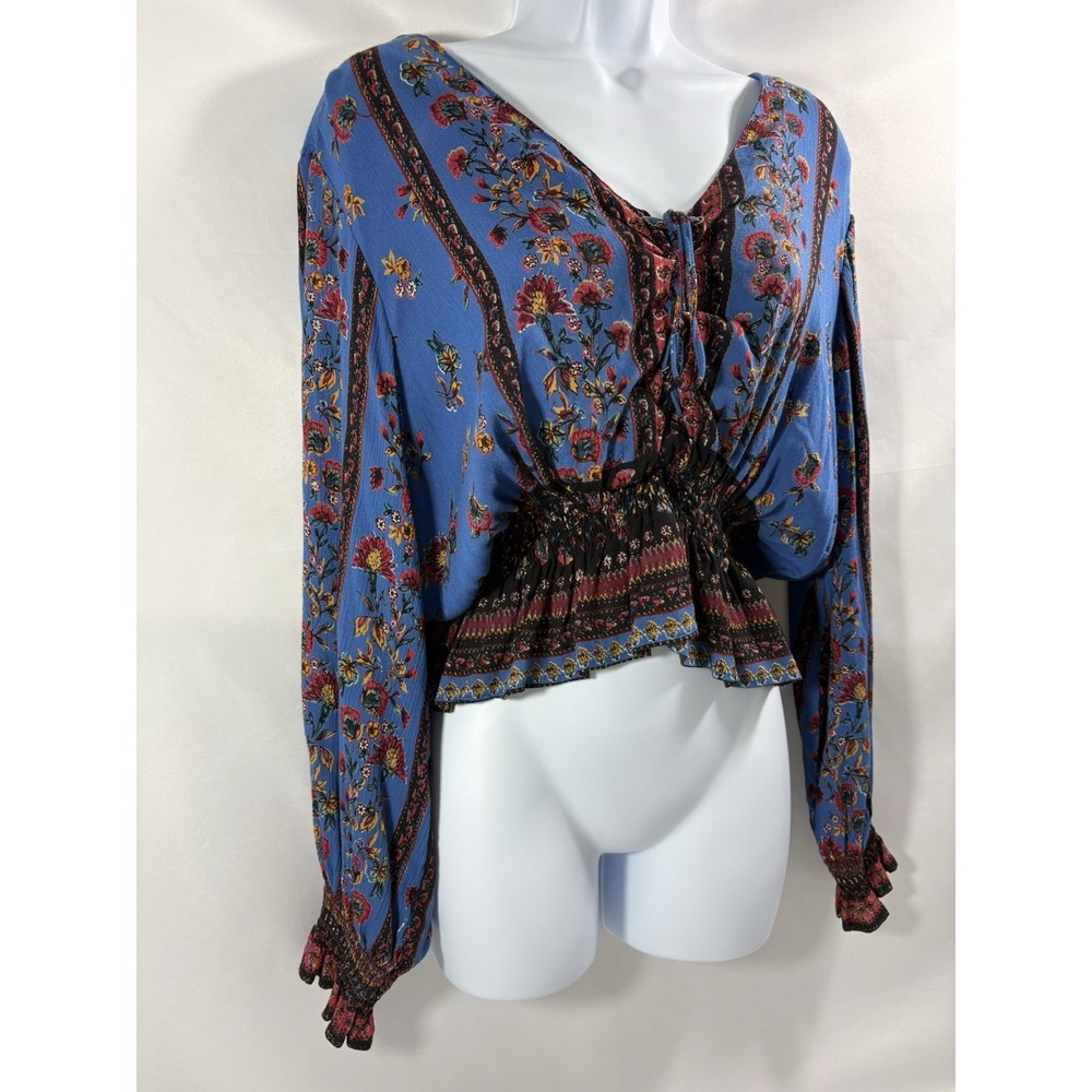GYPSY LOVE Boho Floral Crop Top Blouse Smocked Waist Lace Up Tassel Peasant L